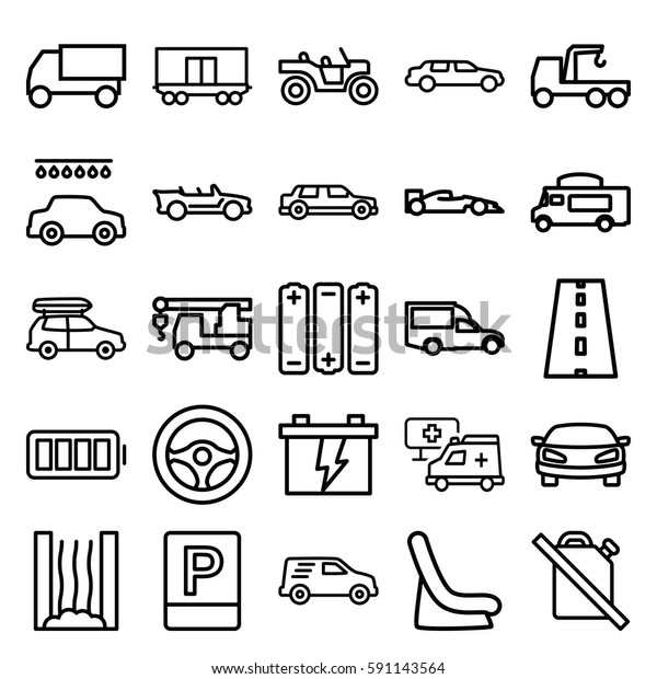 car icons set. Set\
of 25 car outline icons such as baby seat in car, battery, truck,\
truck with hook, van, road, hospital, cabriolet, ful battery,\
parking, heating system