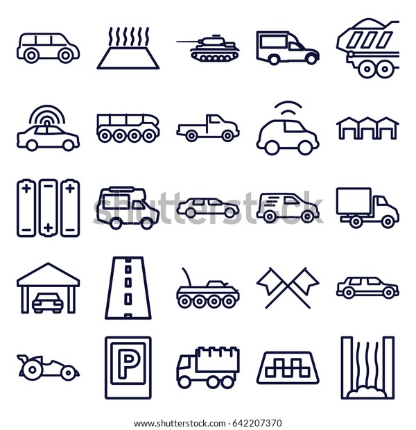 Car icons set. set of 25 car outline\
icons such as taxi, parking, police car, truck, van, road, garage,\
heating system, battery, weapon truck,\
tank