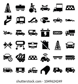Car icons. set of 36 editable filled car icons such as taxi, tunnel, car, battery, truck, trailer, van, no oil, cargo wagon, cargo trailer, sport car, crossed flags