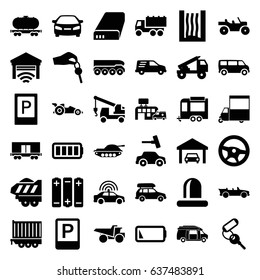 Car icons set. set of 36 car filled icons such as parking, police car, key, van, car wash, truck, truck with hook, trailer, siren, hospital, cabriolet, battery, ful battery
