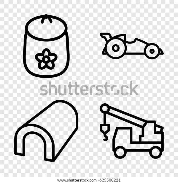 Car icons set. set of 4 car outline icons\
such as tunnel, baby toy, truck with\
hook