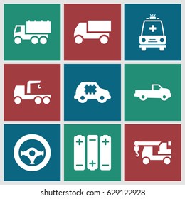 Car icons set. set of 9 car filled icons such as truck, truck with hook, ambulance, steering wheel