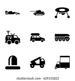 Car icons set. set of 9 car filled icons such as baby toy, van, siren, TV van, truck rocket, weapon truck