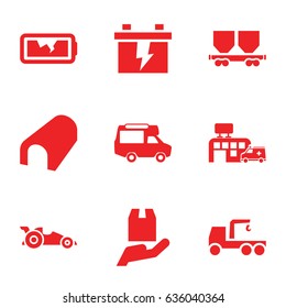 Car icons set. set of 9 car filled icons such as tunnel, battery, truck with hook, van, cargo wagon, cargo protection, hospital, broken battery