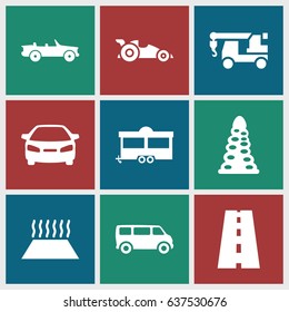 Car icons set. set of 9 car filled icons such as tunnel, van, truck with hook, trailer