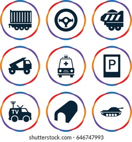 Car icons set. set of 9 car filled icons such as parking, tunnel, cargo trailer, tv van, ambulance, steering wheel, truck rocket
