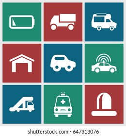 Car icons set. set of 9 car filled icons such as truck crane, garage, truck, van, siren, ambulance