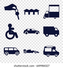Car icons set. set of 9 car filled icons such as disabled, van, garage, hand with key