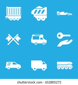 Car icons set. set of 9 car filled icons such as van, delivery car, weapon truck, truck, crossed flags