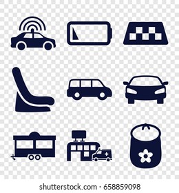 Car icons set. set of 9 car filled icons such as taxi, baby toy, trailer, hospital