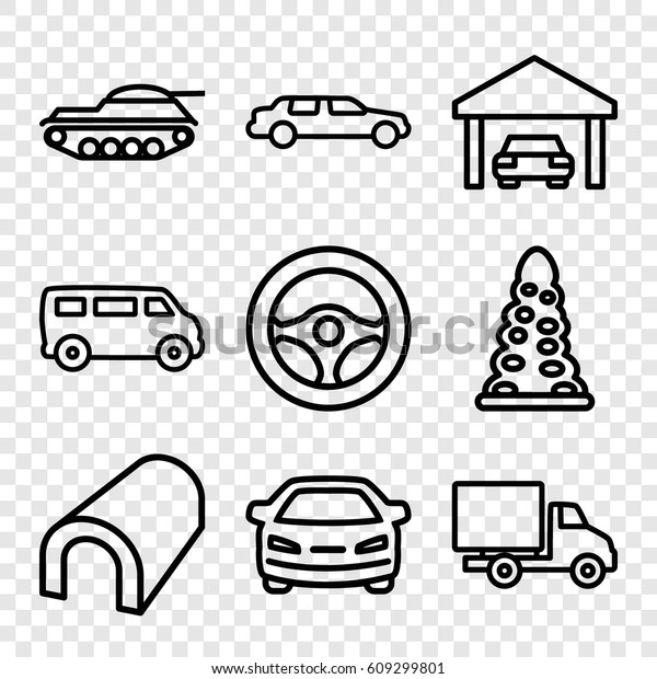 Car icons set. set of 9 car outline icons such as\
tunnel, van, garage, tank