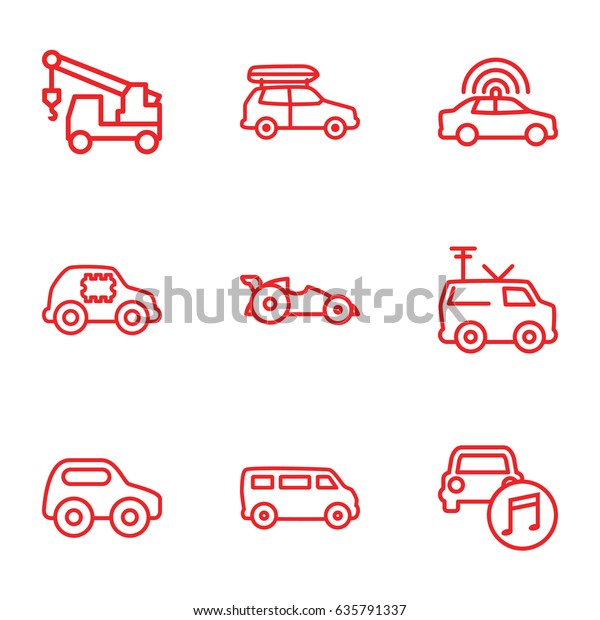 Car icons set. set of 9 car outline icons such as\
van, truck with hook