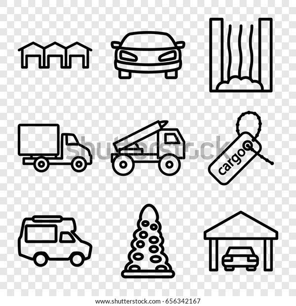 Car icons set. set of 9 car\
outline icons such as tunnel, van, cargo tag, garage, heating\
system