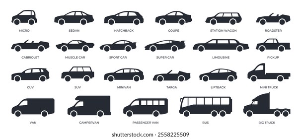 Car icons set. Car body types, model objects automobile.
