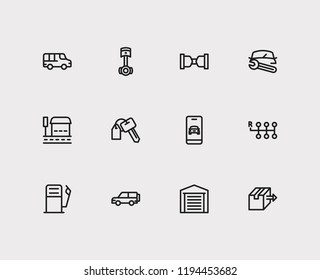 Car icons set. Bus stop and car icons with car repair, van and gas station. Set of mechanical for web app logo UI design.