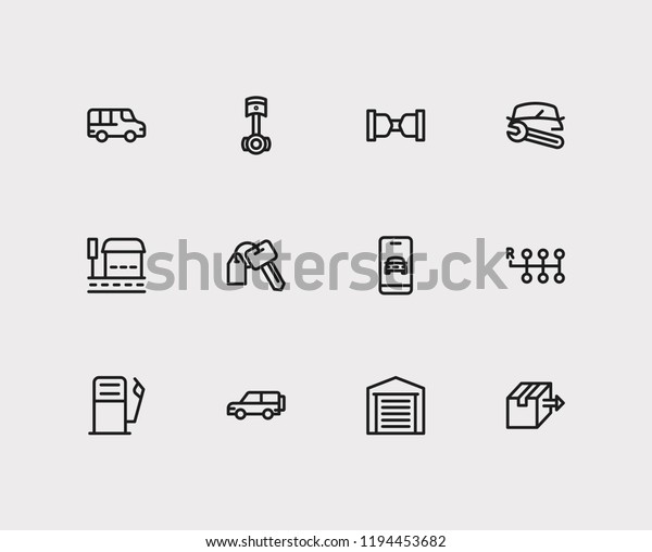 Car icons set. Bus stop and car icons with car\
repair, van and gas station. Set of mechanical for web app logo UI\
design.