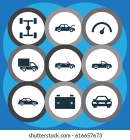 Car Icons Set. Collection Of Accumulator, Convertible Model, Carriage And Other Elements. Also Includes Symbols Such As Auto, Battery, Carriage.