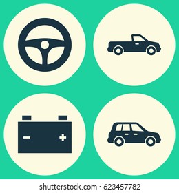 Car Icons Set. Collection Of Accumulator, Carriage, Car And Other Elements. Also Includes Symbols Such As Automobile, Steering, Battery.