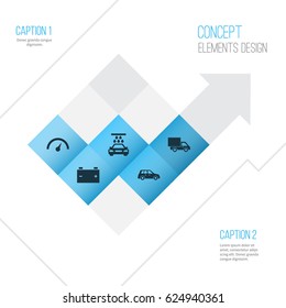 Car Icons Set. Collection Of Accumulator, Transport Cleaning, Car And Other Elements. Also Includes Symbols Such As Auto, Car, Automobile.