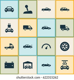 Car Icons Set. Collection Of Auto, Hatchback, Truck And Other Elements. Also Includes Symbols Such As Carriage, Battery, Lever.
