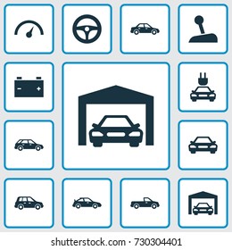 Car Icons Set. Collection Of Auto, Plug, Carriage And Other Elements. Also Includes Symbols Such As Pickup, Battery, Stick.