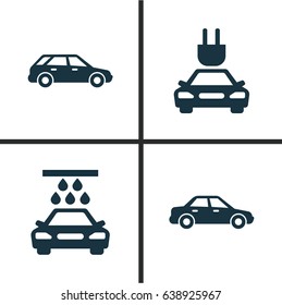 Car Icons Set. Collection Of Automobile, Plug, Transport Cleaning And Other Elements. Also Includes Symbols Such As Wagon, Sedan, Auto.