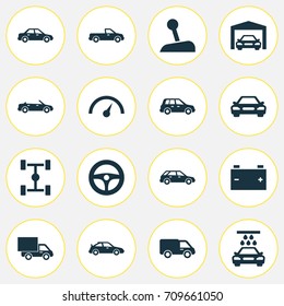 Car Icons Set. Collection Of Automobile, Lorry, Carriage And Other Elements. Also Includes Symbols Such As Pickup, Gear, Auto.