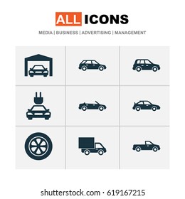 Car Icons Set. Collection Of Carriage, Hatchback, Wheel And Other Elements. Also Includes Symbols Such As Electric, Cabriolet, Convertible.