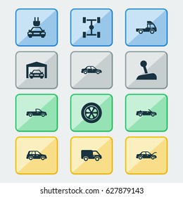 Car Icons Set. Collection Of Carriage, Stick, Fixing And Other Elements. Also Includes Symbols Such As Chassis, Wheel, Convertible.