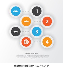 Car Icons Set. Collection Of Carriage, Crossover, Automobile And Other Elements. Also Includes Symbols Such As Car, Wheel, Crossover.