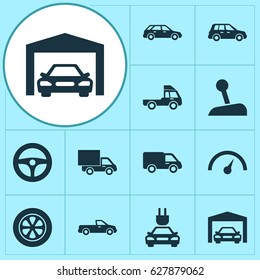 Car Icons Set. Collection Of Chronometer, Wheel, Hatchback And Other Elements. Also Includes Symbols Such As Wagon, Carriage, Repairing.