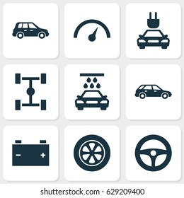 Car Icons Set. Collection Of Chronometer, Wheelbase, Drive Control And Other Elements. Also Includes Symbols Such As Wagon, Tire, Car.