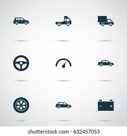 Car Icons Set. Collection Of Car, Chronometer, Hatchback And Other Elements. Also Includes Symbols Such As Steering, Tire, Speedometer.
