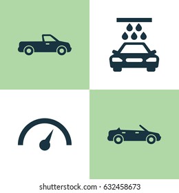 Car Icons Set. Collection Of Chronometer, Convertible Model, Transport Cleaning And Other Elements. Also Includes Symbols Such As Chronometer, Auto, Cabriolet.
