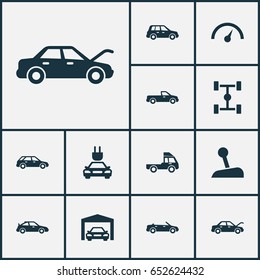 Car Icons Set. Collection Of Chronometer, Convertible Model, Wheelbase And Other Elements. Also Includes Symbols Such As Lorry, Speedometer, Plug.