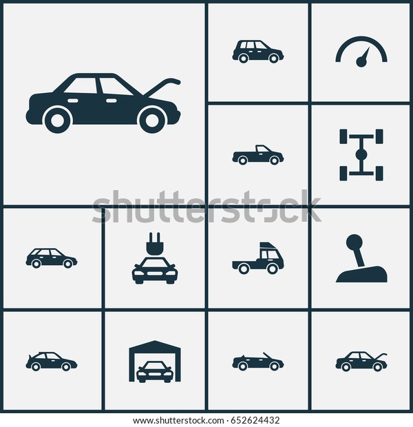 Car Icons Set. Collection Of\
Chronometer, Convertible Model, Wheelbase And Other Elements. Also\
Includes Symbols Such As Lorry, Speedometer,\
Plug.