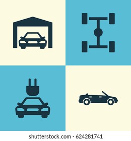 Car Icons Set. Collection Of Convertible Model, Repairing, Plug And Other Elements. Also Includes Symbols Such As Garage, Electric, Chassis.