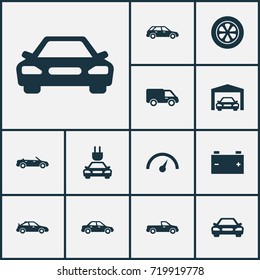 Car Icons Set. Collection Of Convertible Model, Carriage, Plug And Other Elements. Also Includes Symbols Such As Chronometer, Lorry, Tire.