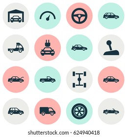 Car Icons Set. Collection Of Crossover, Van, Fixing And Other Elements. Also Includes Symbols Such As Lever, Station, Auto.