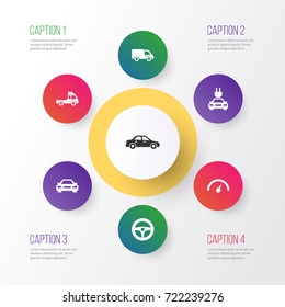 Car Icons Set. Collection Of Drive Control, Plug, Automobile And Other Elements. Also Includes Symbols Such As Wheel, Sedan, Automobile.