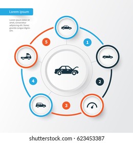 Car Icons Set. Collection Of Fixing, Chronometer, Automobile And Other Elements. Also Includes Symbols Such As Car, Van, Automobile.