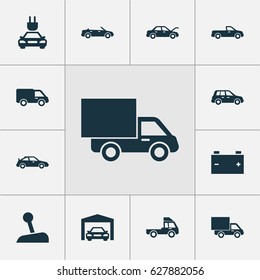 Car Icons Set. Collection Of Fixing, Truck, Accumulator And Other Elements. Also Includes Symbols Such As Lever, Auto, Convertible.