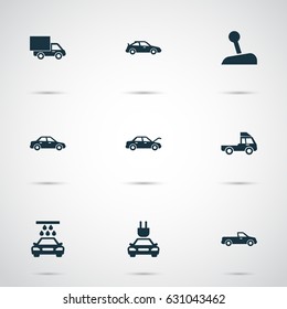 Car Icons Set. Collection Of Fixing, Transport Cleaning, Crossover And Other Elements. Also Includes Symbols Such As Gear, Fixing, Truck.