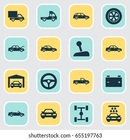 Car Icons Set. Collection Of Fixing, Lorry, Wheel And Other Elements. Also Includes Symbols Such As Wheel, Automobile, Water.