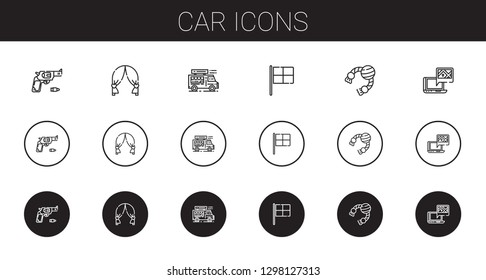 Car Icons Set. Collection Of Car With Gun, Wedding Arch, Food Truck, Racing, Toy, Gps. Editable And Scalable Car Icons.