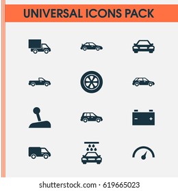 Car Icons Set. Collection Of Hatchback, Lorry, Stick And Other Elements. Also Includes Symbols Such As Car, Crossover, Battery.