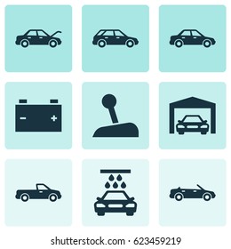 Car Icons Set. Collection Of Hatchback, Carriage, Fixing And Other Elements. Also Includes Symbols Such As Convertible, Stick, Fixing.