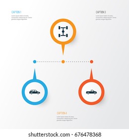 Car Icons Set. Collection Of Hatchback, Wheelbase, Carriage And Other Elements. Also Includes Symbols Such As Car, Station, Wheelbase.