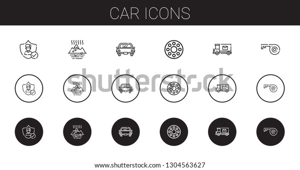 car icons set. Collection of car with insurance,\
global warming, rolling wheel, mail truck, key. Editable and\
scalable car icons.