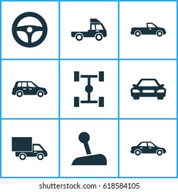 Car Icons Set. Collection Of Lorry, Van, Carriage And Other Elements. Also Includes Symbols Such As Chassis, Lorry, Car.